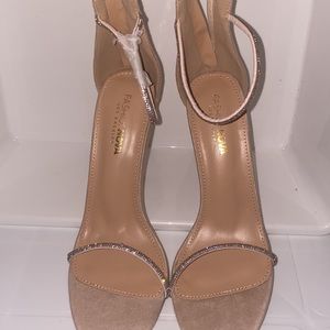 Fashion Nova rhinestone heeled sandals in nude color